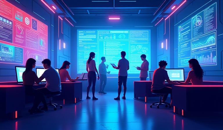 Illustration representing a vibrant digital guild hall where young coders collaborate and learn.